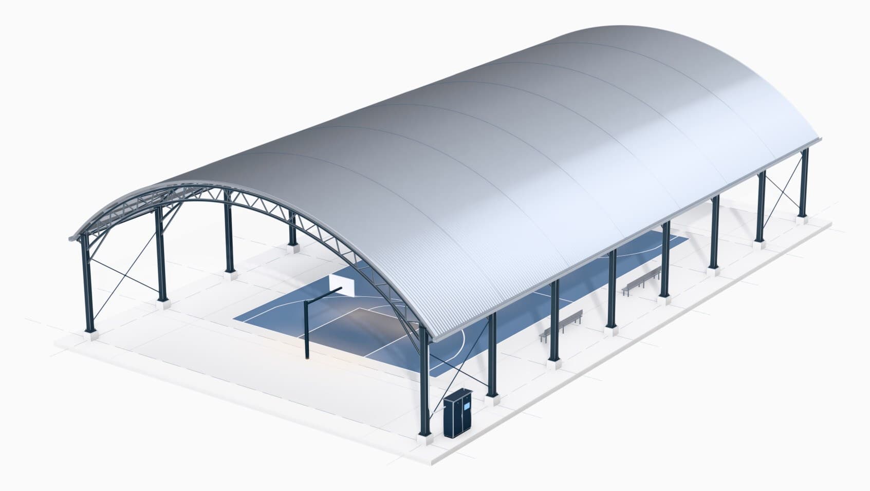 Modèle 3D d’une toiture métallique courbe au-dessus d’un terrain de basket, avec son tableau électrique